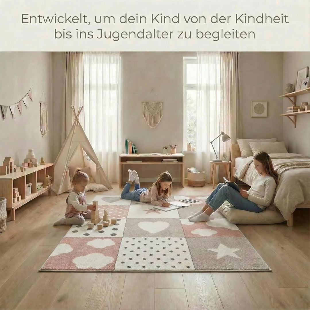 | Kinderteppiche Patchwork Herz Sterne Wolke | Kinderteppich für Mädchen und Jungs | Teppich für Kin