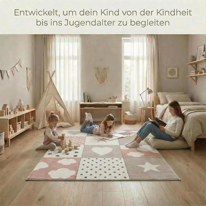 | Kinderteppiche Patchwork Herz Sterne Wolke | Kinderteppich für Mädchen und Jungs | Teppich für Kin