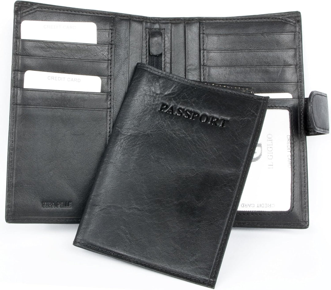 Damen Italienisches Schwarz Leder Portemonnaie Il Giglio mit herausnehmbarem Reisepass Tasche