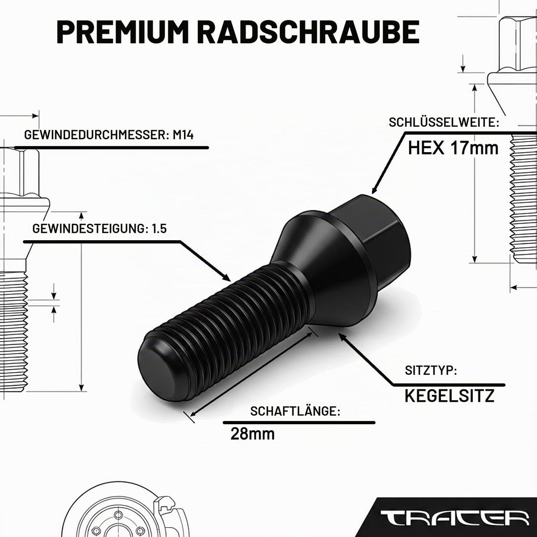 TRACER 20 Radschrauben Radbolzen M14x1,5 28mm Kegelbund schwarz verzinkt kompatibel mit Audi, VW, Se