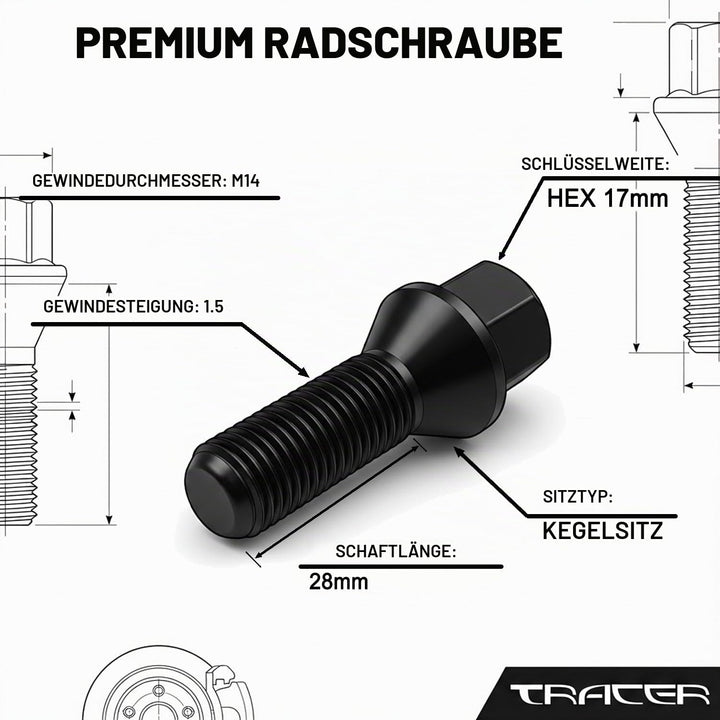 TRACER 20 Radschrauben Radbolzen M14x1,5 28mm Kegelbund schwarz verzinkt kompatibel mit Audi, VW, Se