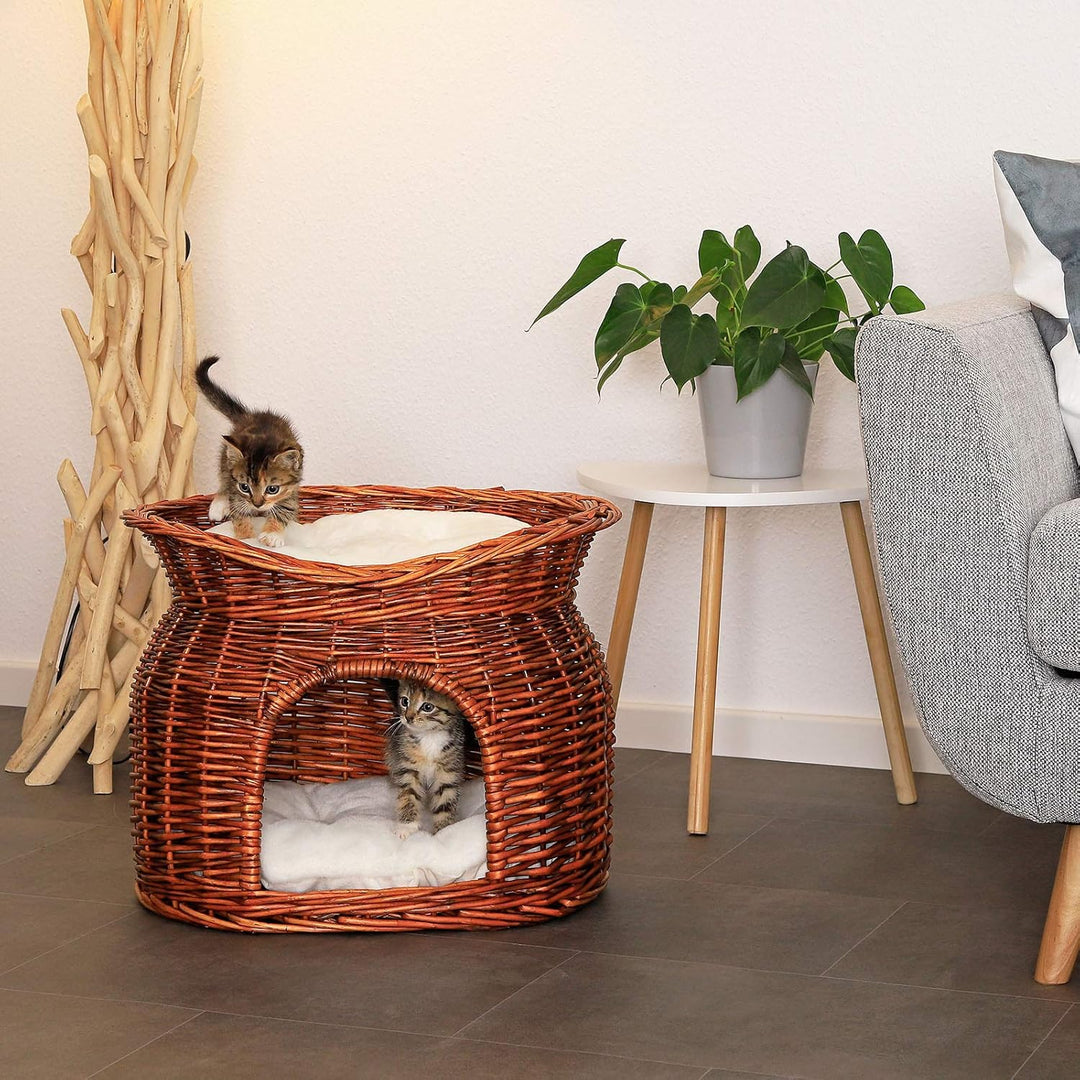 lionto Weidenkorb für Katzen und kleine Hunde mit 2 weichen Liegekissen, 55x39x43 cm, gemütlicher Ka