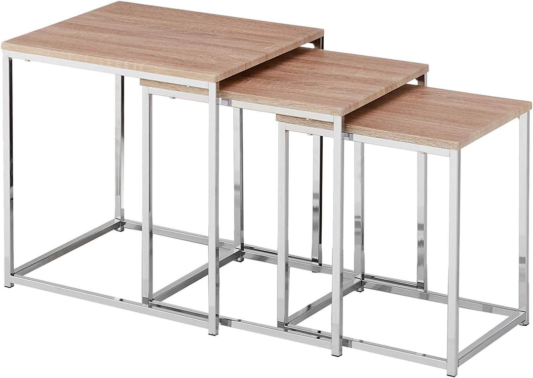 HAKU Möbel Beistelltisch 3er Set, MDF, chrom-eiche hell, B 29 x T 29 x H 36 cm / B 34 x T 34 x H 39