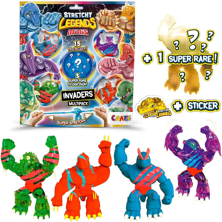 Minis Multipack Invaders - 5X Elastische Actionfiguren für Kinder, Klebrige & Dehnbare Superhelden F