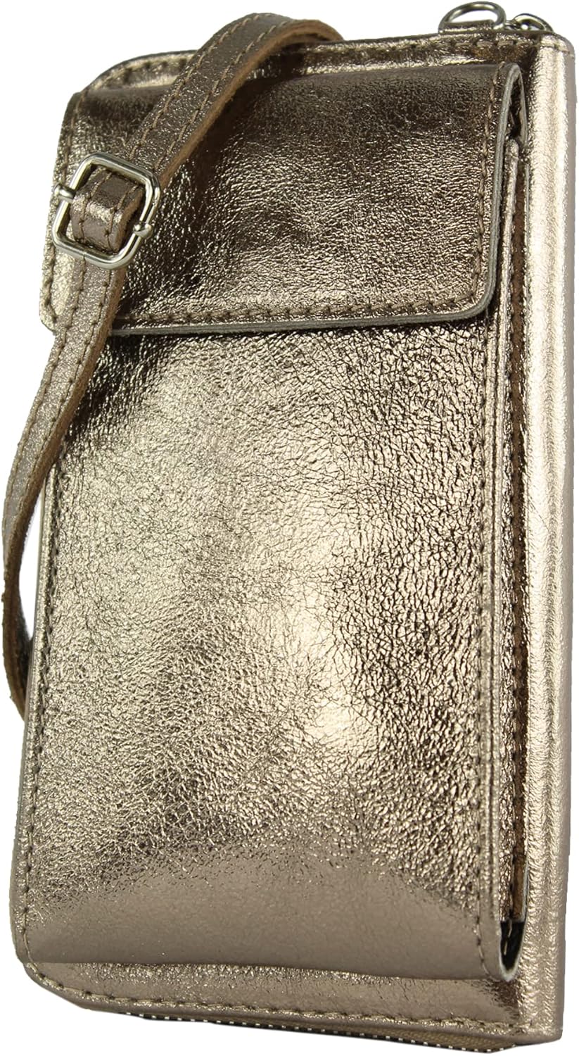 modamoda de - P06 - ital. Damen Umhängetasche Geldbörse Handytasche Leder Altgold-metallic, Altgold-