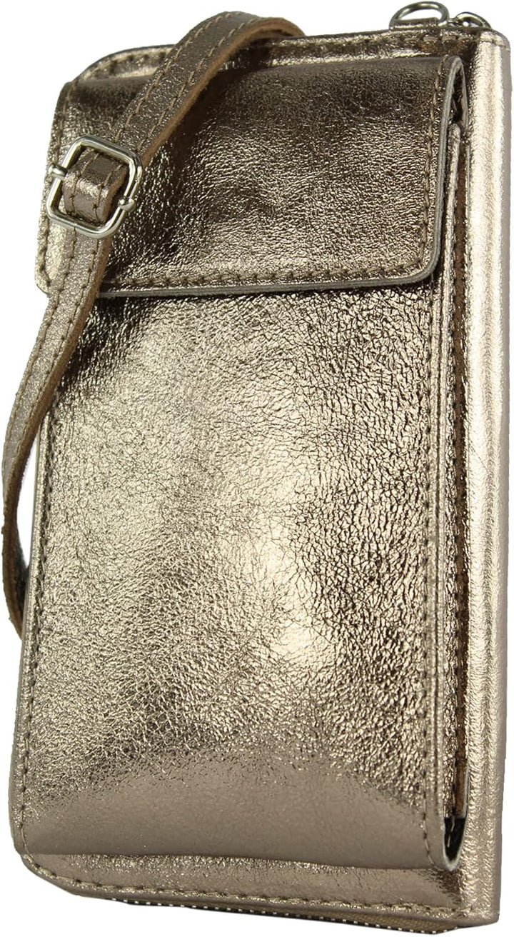 modamoda de - P06 - ital. Damen Umhängetasche Geldbörse Handytasche Leder Altgold-metallic, Altgold-