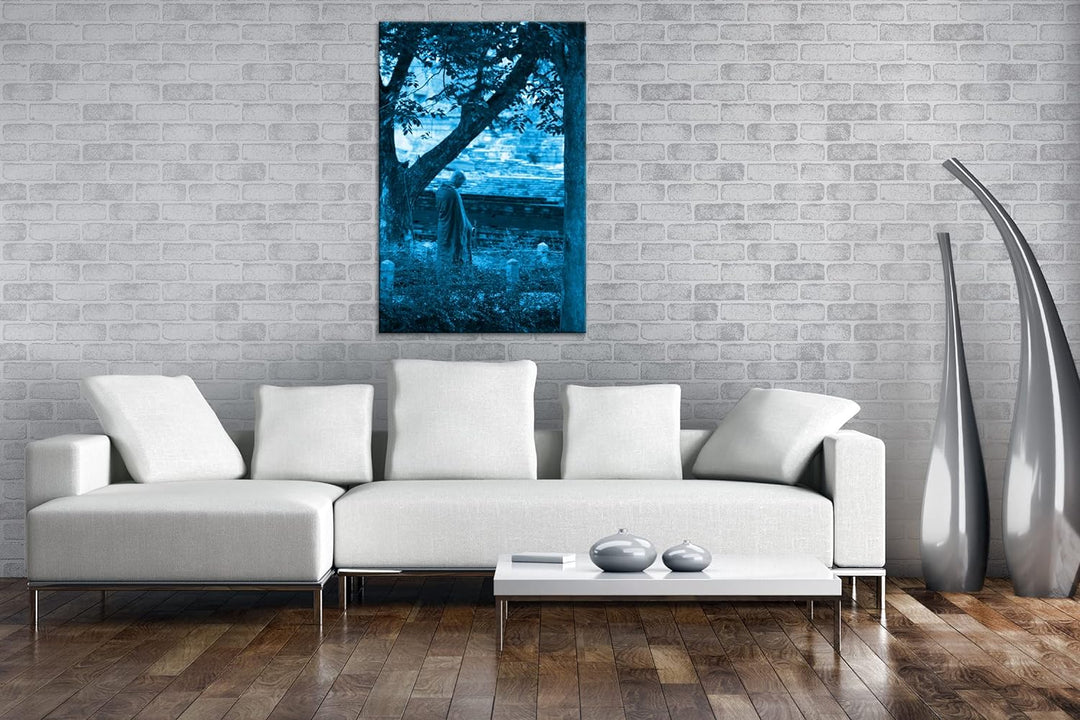 deyoli Friedlicher Mönch Format 80x60 Effekt: Monocrome Blau als Leinwandbild, Motiv fertig gerahmt