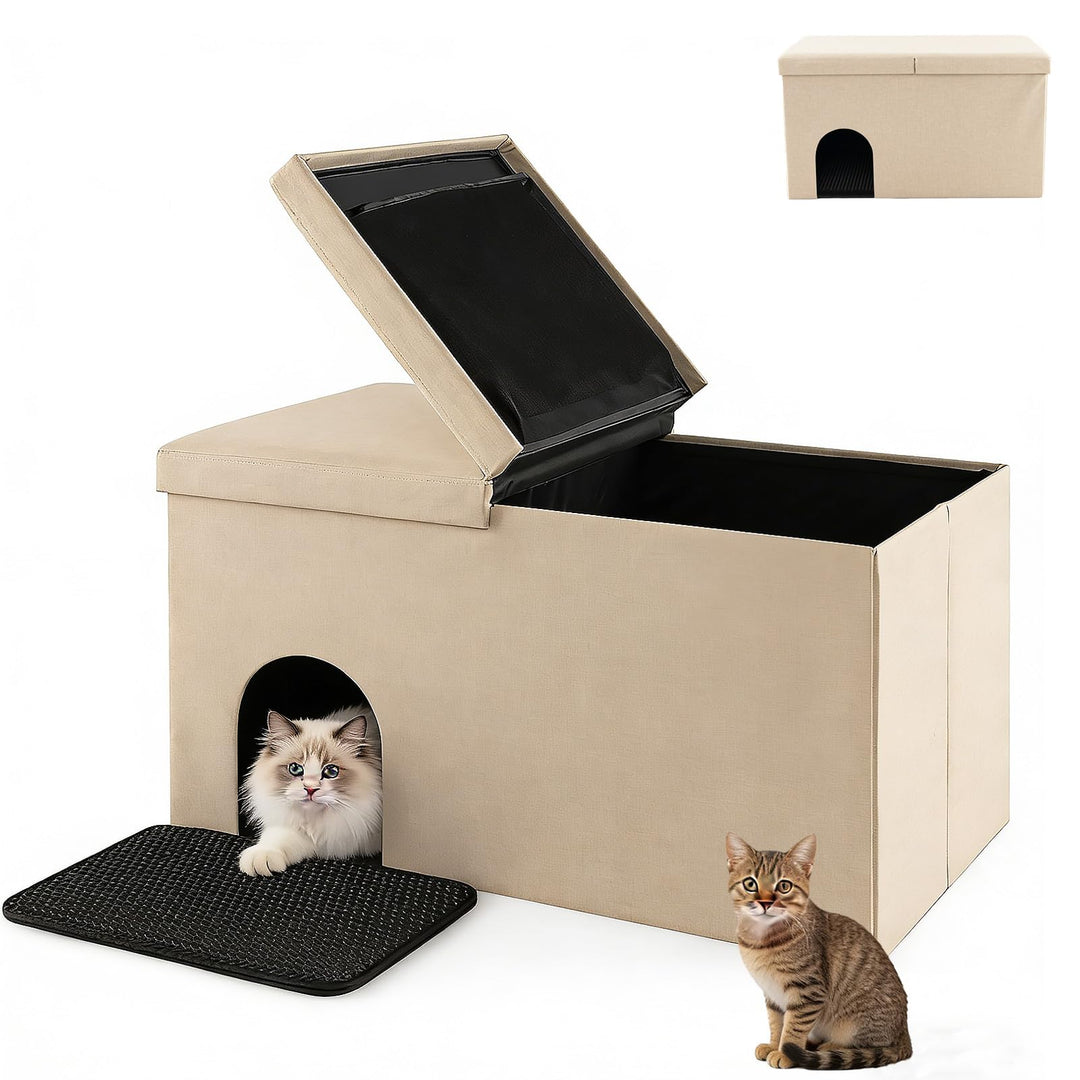 GYMAX Katzenhöhle, 3 in 1 Katzenmöbel als Katzenhaus, Sitzbank & Katzentoilette, Schuhbank mit Matte