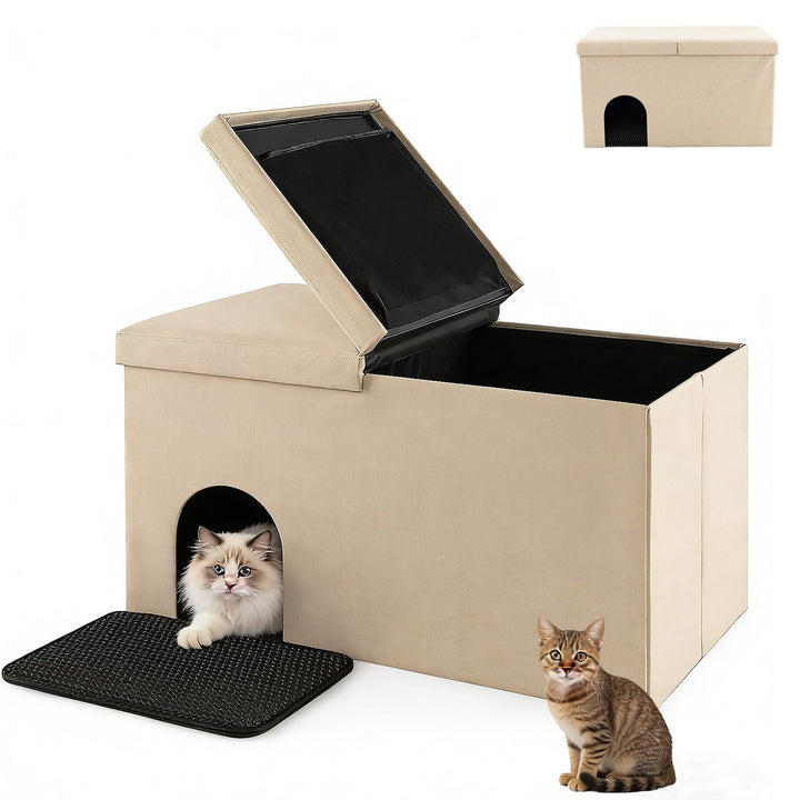 GYMAX Katzenhöhle, 3 in 1 Katzenmöbel als Katzenhaus, Sitzbank & Katzentoilette, Schuhbank mit Matte