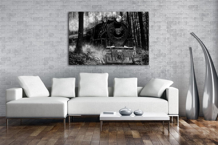 deyoli gewaltige Lokomotive im Wald Effekt: Schwarz/Weiss im Format: 100x70 als Leinwandbild, Motiv
