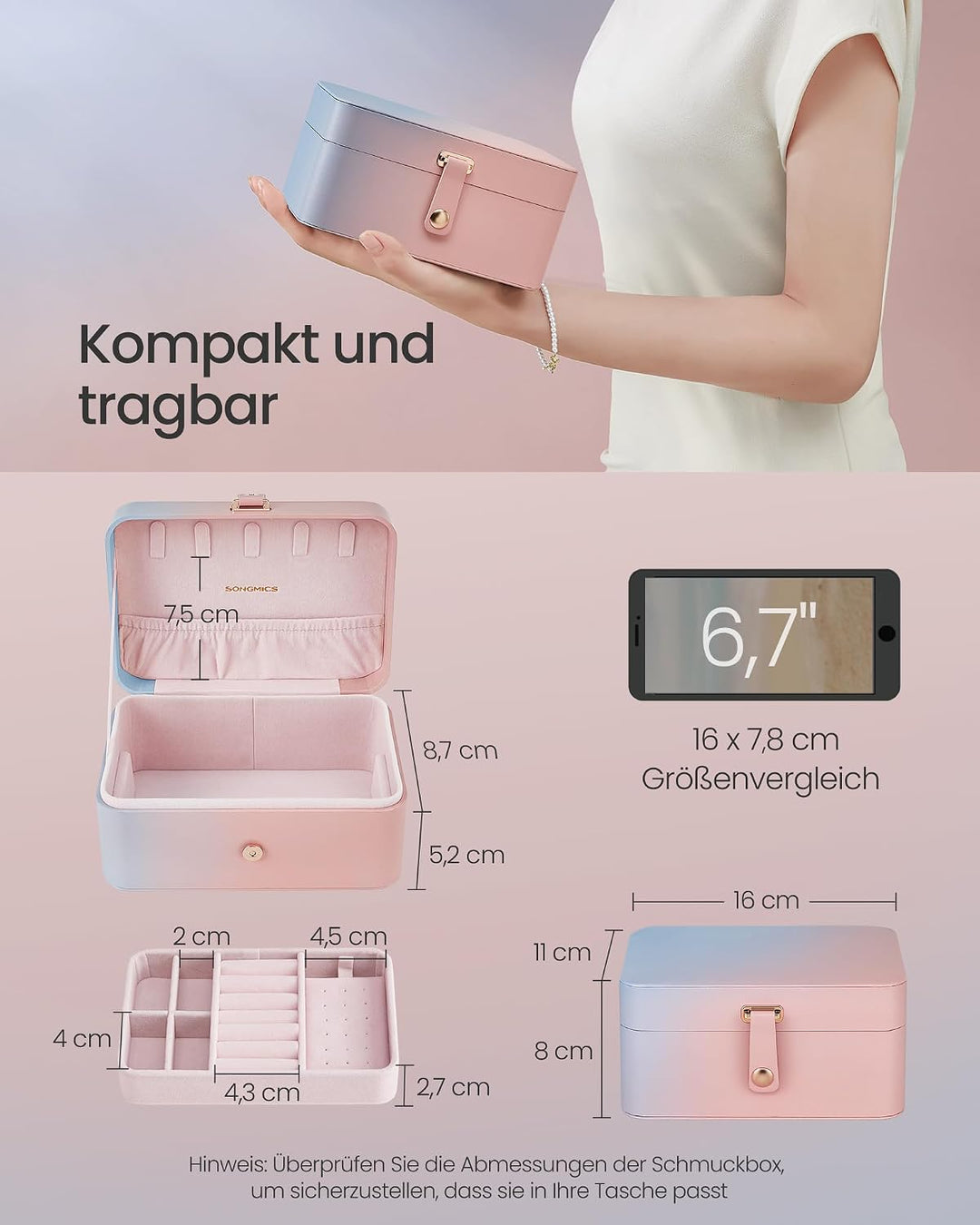 SONGMICS GISELLA Kollektion - Schmuckkästchen Reise mit 2 Ebenen, Schmuckkasten, Schmuckaufbewahrung