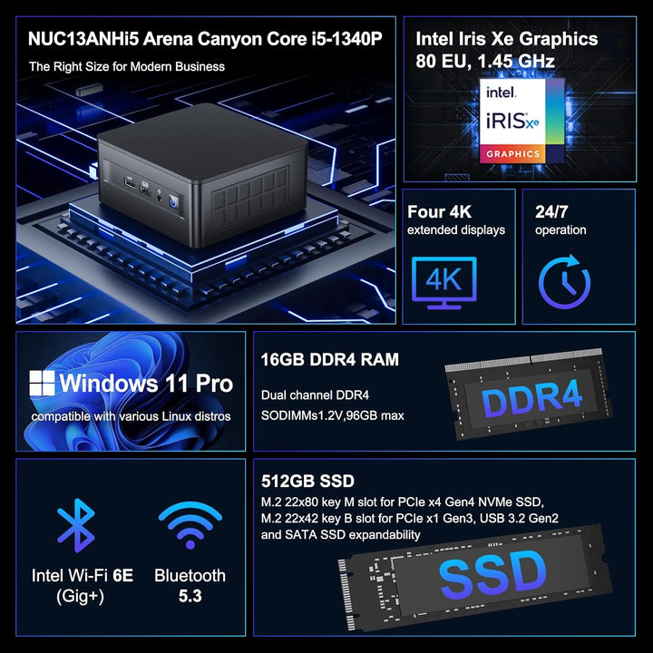 Intel NUC 13 Pro NUC13ANHi5 Arena Canyon Mini PC, Core i5-1340P, 16GB RAM, 512GB SSD, Mini Computer