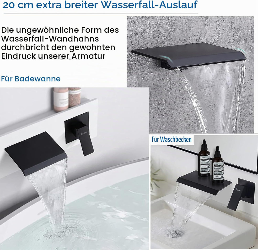 PHASAT Wasserhahn Wasserfall Wandmontage Schwarz Armatur Unterputz für Badezimmer Bad mit 20cm Ausla