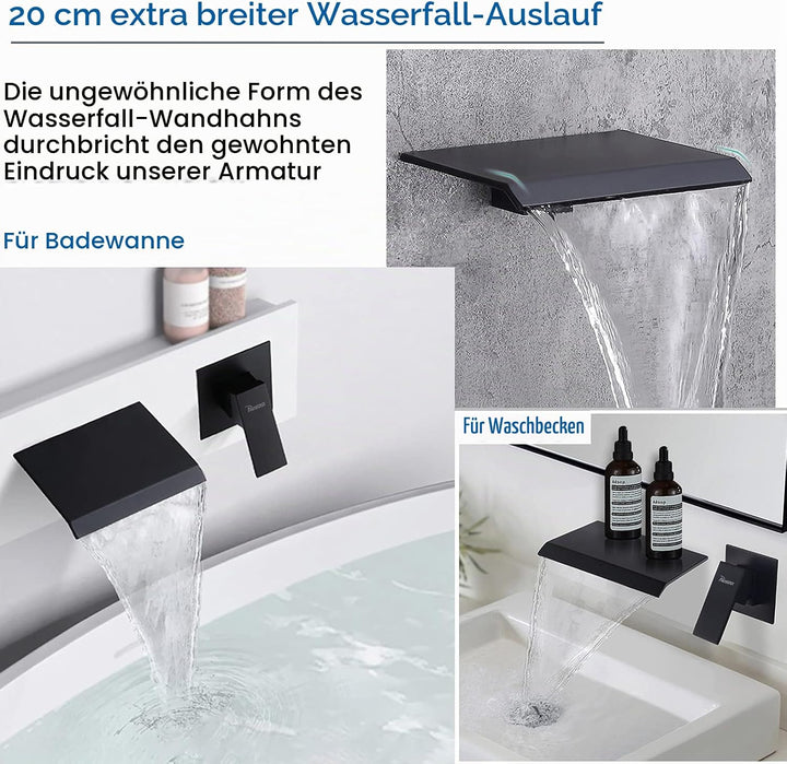 PHASAT Wasserhahn Wasserfall Wandmontage Schwarz Armatur Unterputz für Badezimmer Bad mit 20cm Ausla
