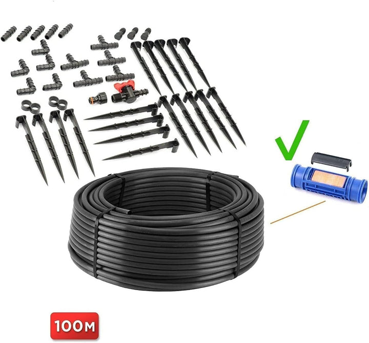 Tropfrohr 16 mm mit Druckkompensation 100m Gartenbewässerungsrohr Bewässerung Tropfschlauch (80tlg)