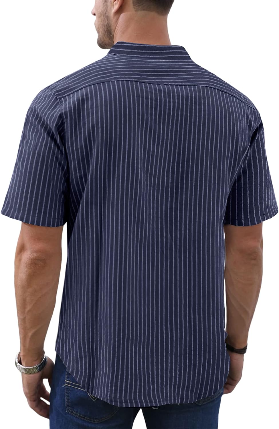 Herren-Leinenhemden, lässige Baumwolle, Henley-Ausschnitt, gestreiftes Hemd, Sommer-Kurzarmhemden, M