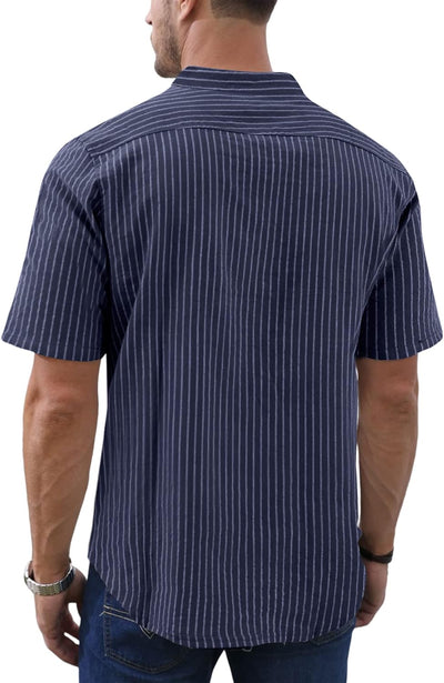Herren-Leinenhemden, lässige Baumwolle, Henley-Ausschnitt, gestreiftes Hemd, Sommer-Kurzarmhemden, M