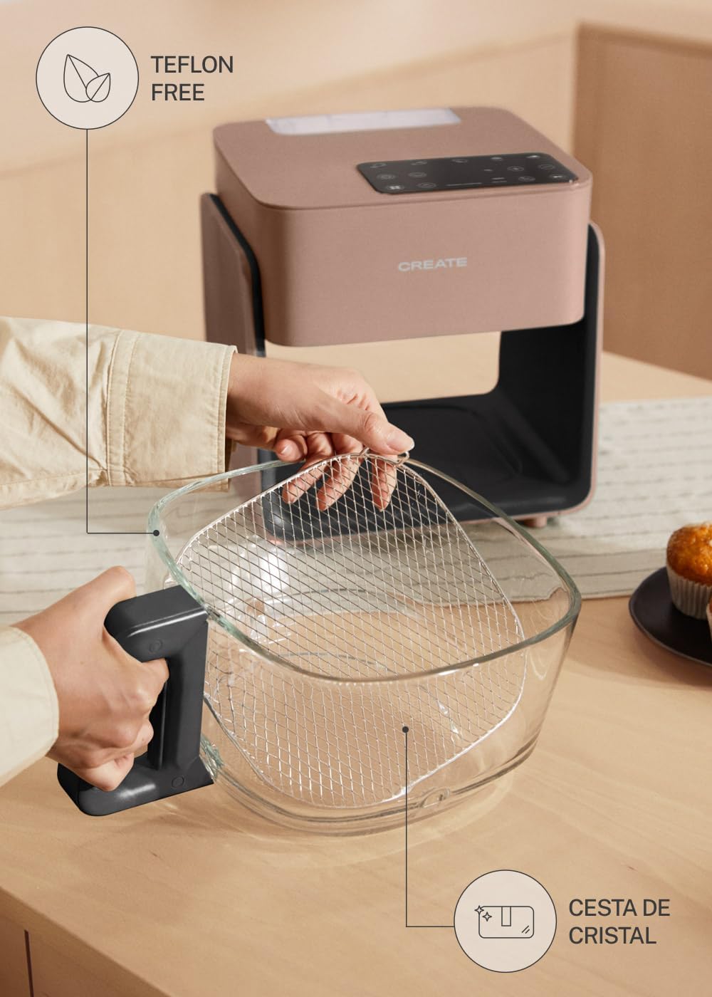 CREATE/AIR FRYER MIST/Ölfreie Heissluftfritteuse 4.2 L mit Wasserdampfgarer Mokka/Fassungsvermögen 5