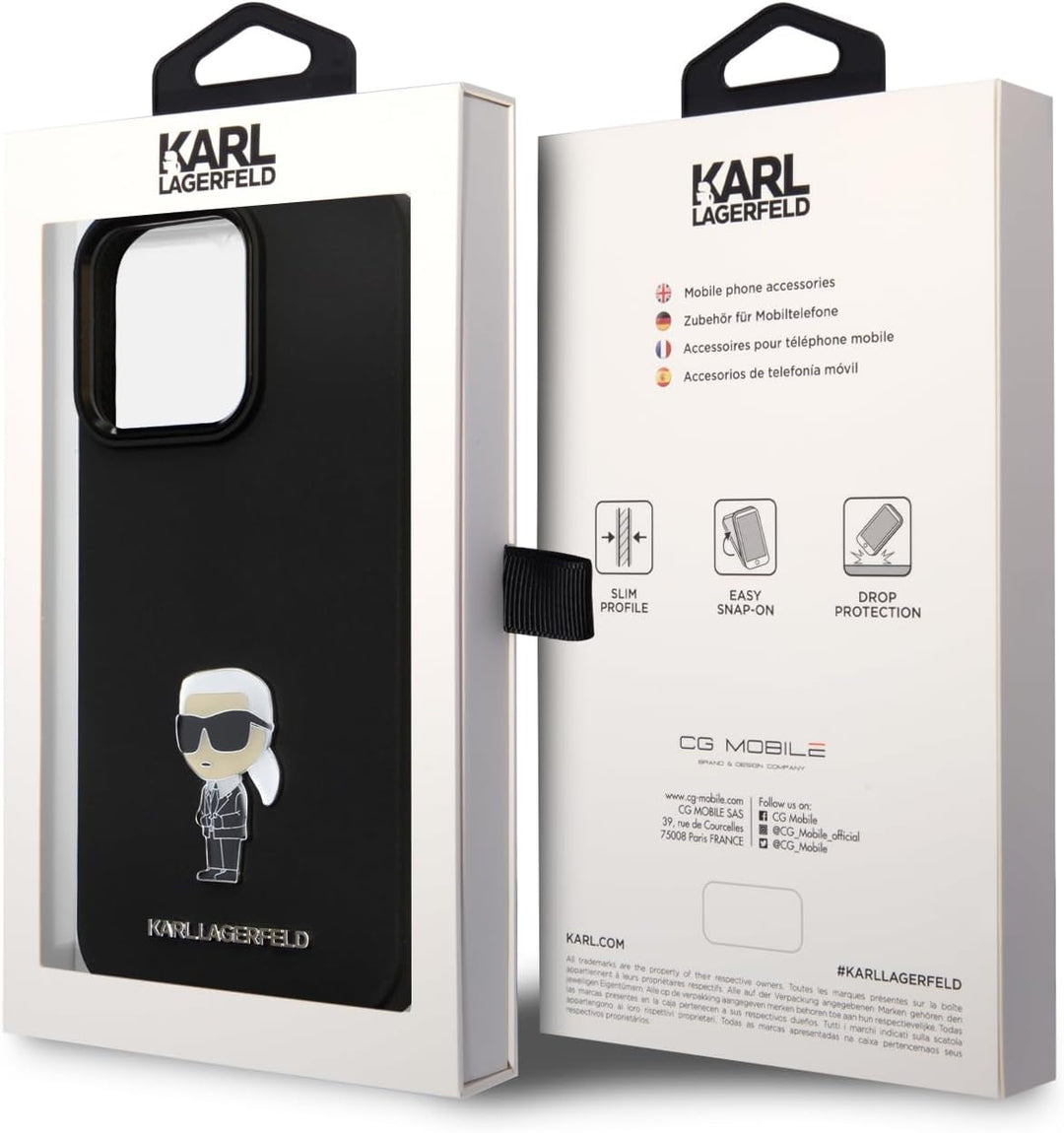 CG MOBILE Karl Lagerfeld Ikonik NFT Logo & Metall Pin Hülle für iPhone 15 Pro Max (Schwarz), Schwarz