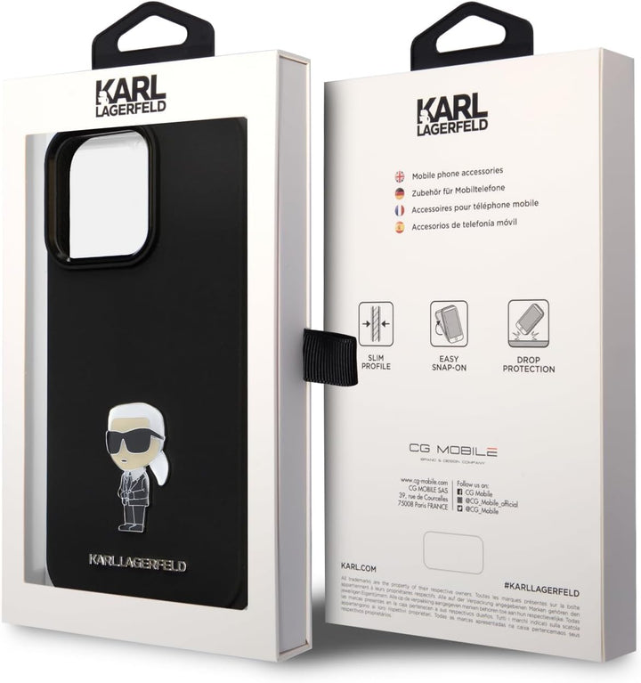 CG MOBILE Karl Lagerfeld Ikonik NFT Logo & Metall Pin Hülle für iPhone 15 Pro Max (Schwarz), Schwarz