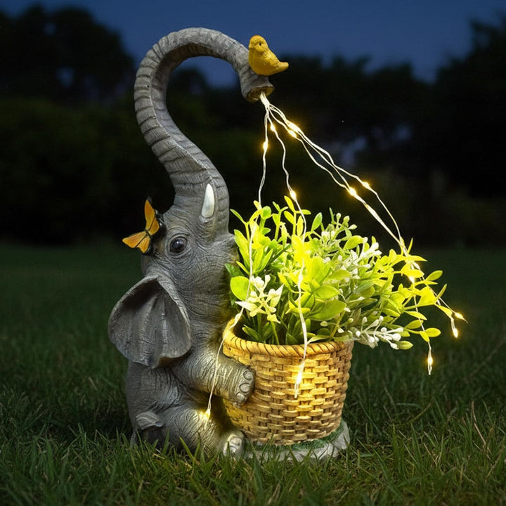 Garten Outdoor Elefanten Statue Deko - Elefant mit Gefälschter Pflanze Gartenfiguren Solar Lichter B