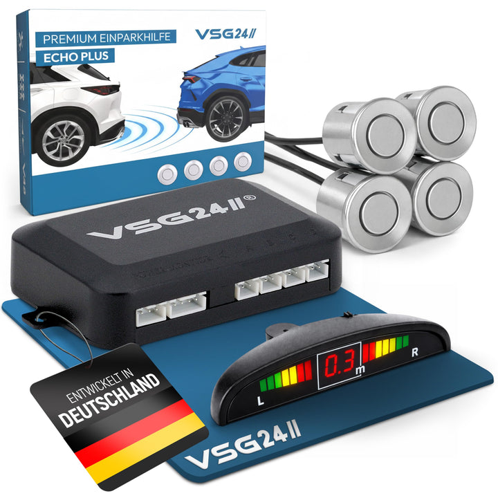 VSG24 Premium Einparkhilfe hinten mit Display zum nachrüsten am Auto, PDC Parksensoren hinten mit St