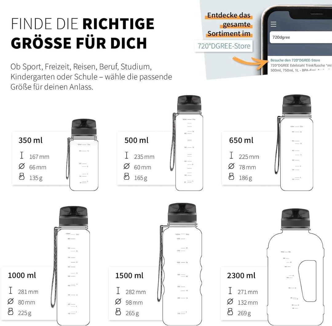 720°DGREE Trinkflasche “uberBottle“ 350ml, 500ml, 650ml, 1l, 1,5 Liter softTouch +Früchtebehälter -