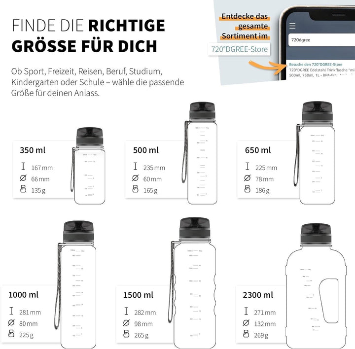 720°DGREE Trinkflasche “uberBottle“ 350ml, 500ml, 650ml, 1l, 1,5 Liter softTouch +Früchtebehälter -