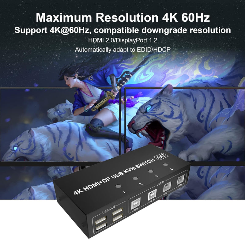 4 Port HDMI + Displayport KVM Switch Dual Monitor 4 Computer 4K@60Hz Support HDMI2.0 DP1.2 KVM Switc