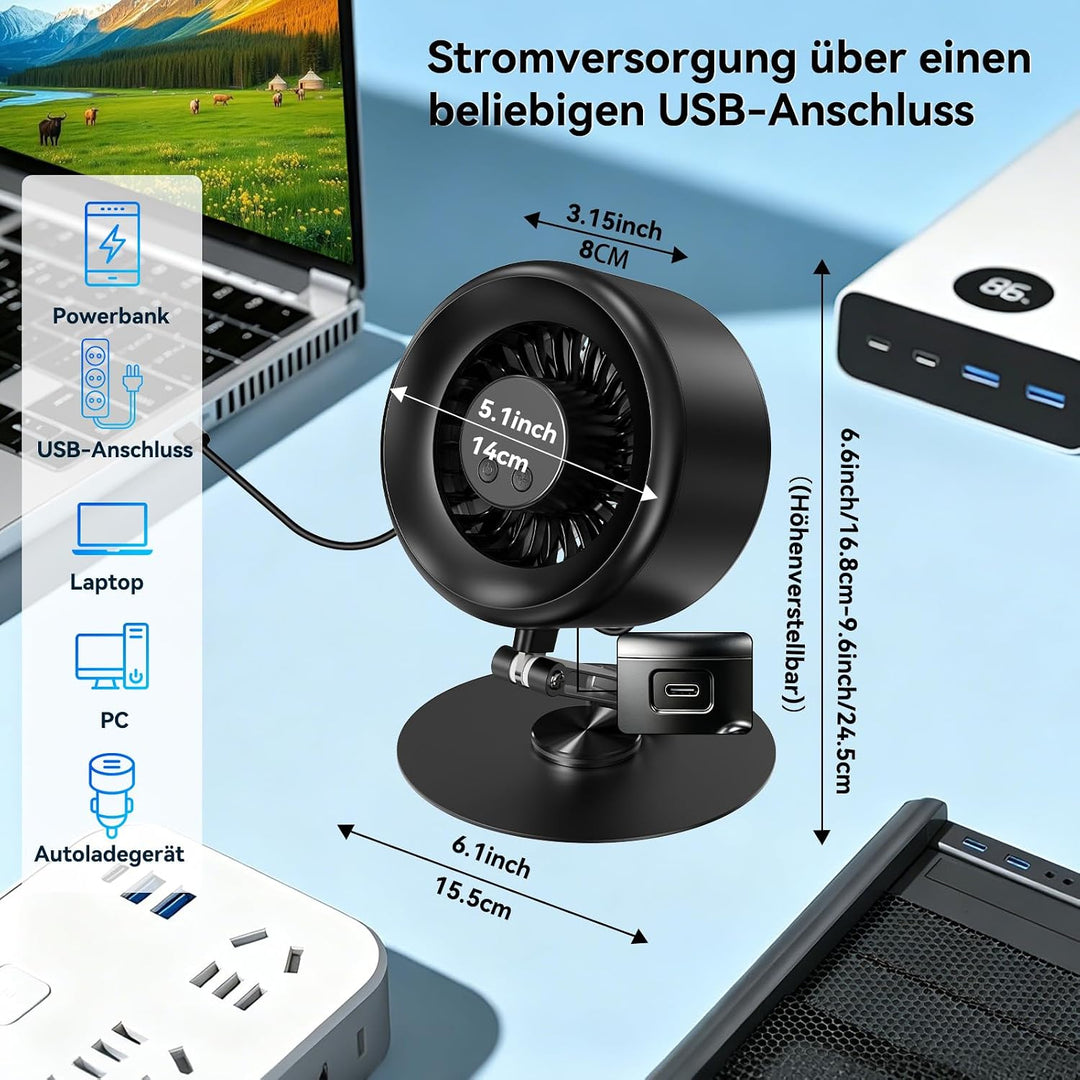 LivElect USB Ventilator, Akku Leiser Tischventilator, LED-Display, 5-Stufen | Sehr leise Turbo-Venti