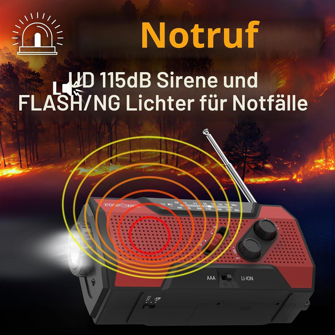 FosPower - Notfallradio NOAA/AM/FM mit 7400mWh Tragbare Powerbank - Aufladung per USB/Solar/Handkurb