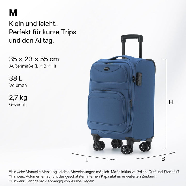 Stoffkoffer erweiterbar mit Frontfächern,15% Extra-Volumen, TSA-Schloss, 360° Doppelrollen & verdeck