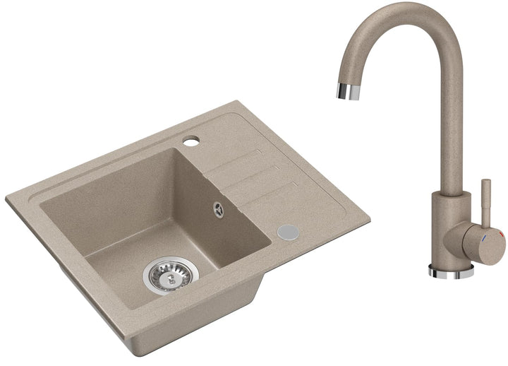 VBChome Spülbecken Granit Beige mit Armatur 55 x 44 cm Einzelbecken Einbauspüle Gesprenkelt Reversib