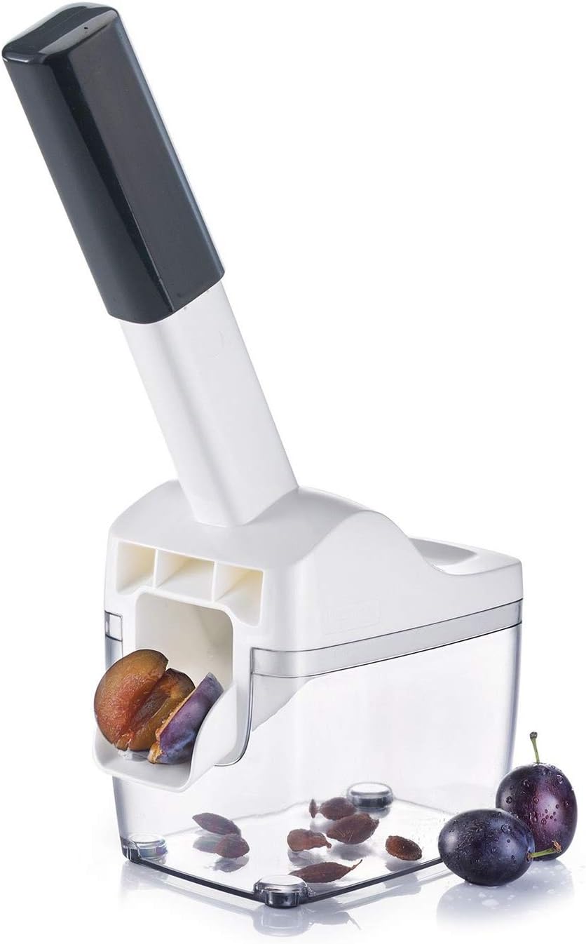 Westmark Pflaumen- und Zwetschgenentsteiner mit Auffangbehälter, Höhe: 33,7 cm, Edelstahl/Kunststoff