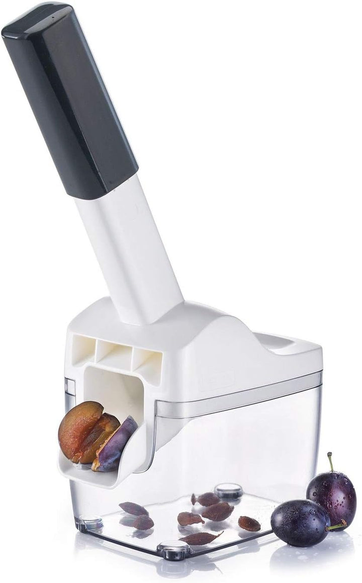 Westmark Pflaumen- und Zwetschgenentsteiner mit Auffangbehälter, Höhe: 33,7 cm, Edelstahl/Kunststoff