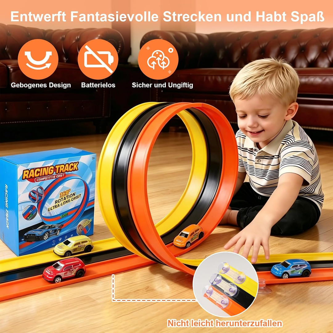5M Flexible Autorennbahn Kinder, 3-in-1 Rennstrecke mit Rampen, Tragbare Rennbahn Flexibel mit 6 Aut