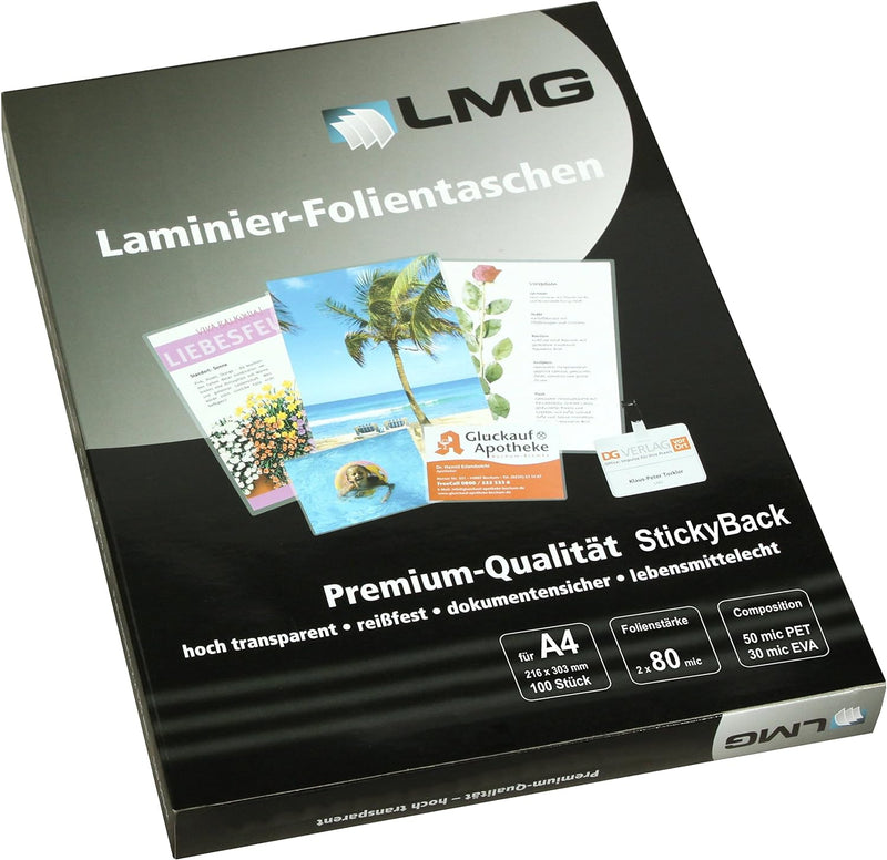LMG LMGA4-80S Laminierfolien A4, 216 x 303 mm, 2 x 80 mic mit selbstkl Rückseite, 100 Stück