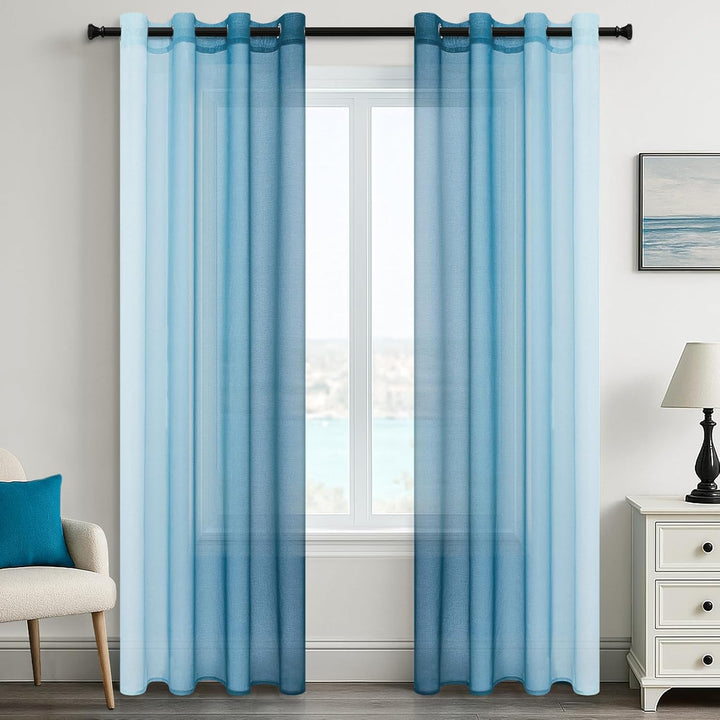 MRTREES Gardinen Voile mit Ösen Wohnzimmer Modern 2er Set Farbverlauf Tealblau, Vorhang Transparent