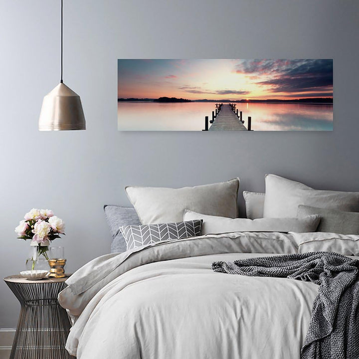 Feeby Frames, Leinwandbild, Bilder, Wand Bild, Wandbilder, Kunstdruck 30x90cm, STEG, SEE, WASSER, SO
