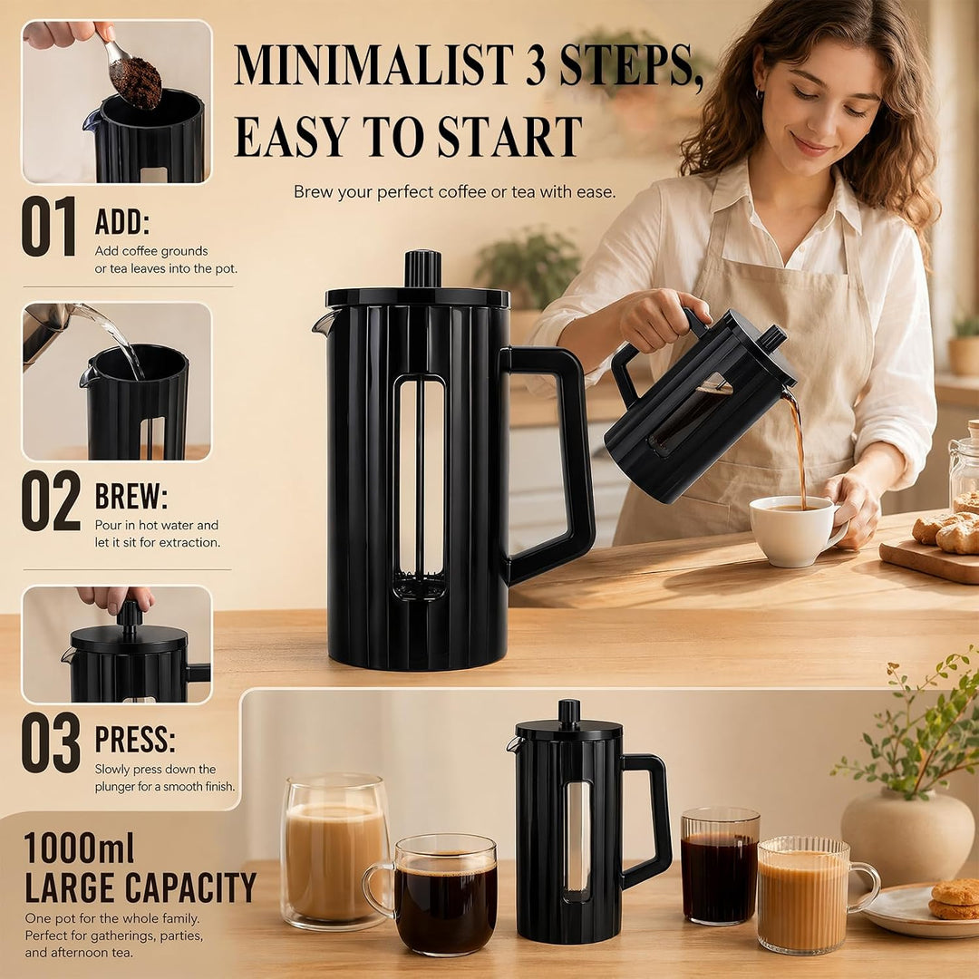 French Press 1 Liter, Glas Kaffeebereiter mit Edelstahlfilter | Stabile french press aus hitzebestän