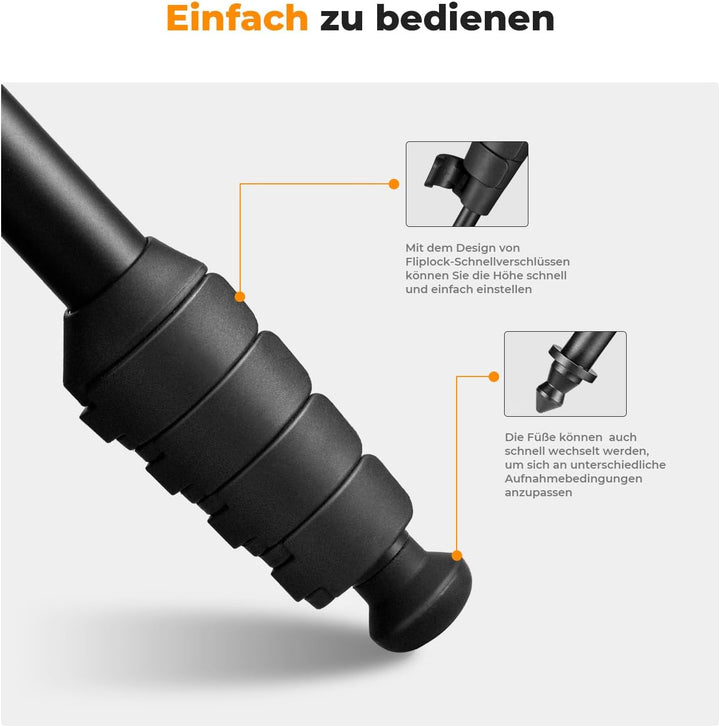 K&F Concept MS16 Einbeinstativ, 63 Zoll Monopod,Stabiles Aluminium-Einbeinstativ mit 5 Sektionen,160