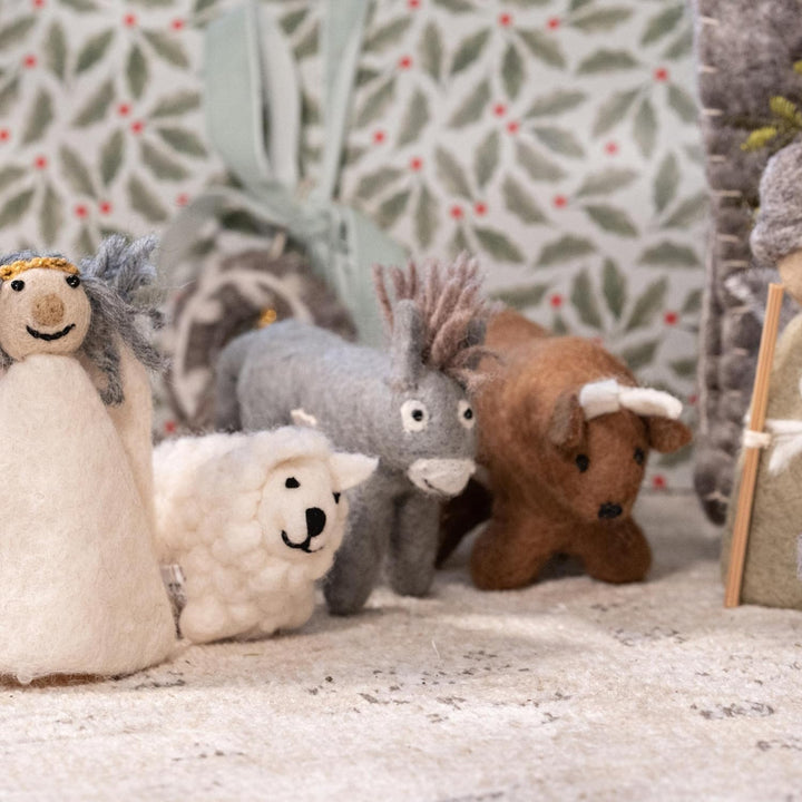 Én Gry &amp; Sif Krippentiere (Esel Schaf Ochse), Krippenfiguren aus Filz, Hand-Made, fair-Trade, Kinder