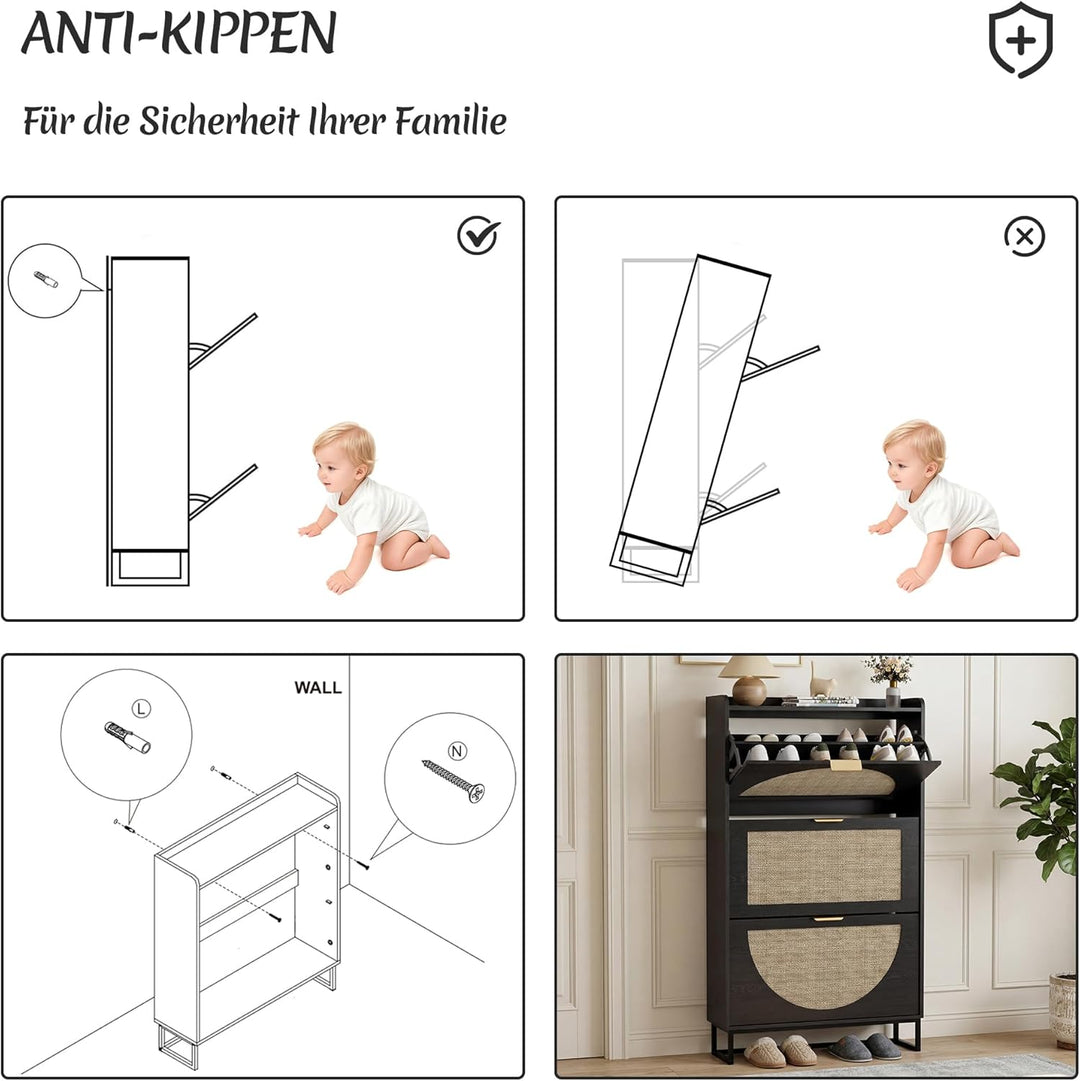 BonVache Schuhkommode mit 3 Klappfächern, Grosser Rattan Schuhschrank Schmal Holz, Schuhaufbewahrung