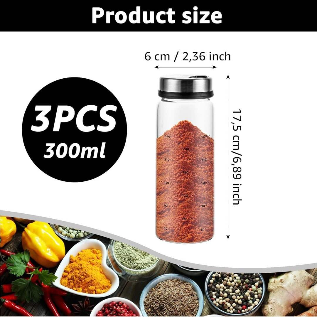 3 Stück Gewürzgläser mit Drehdeckel 300ml Gewürzdosen Glas, 16.5x6 cm Luftdicht Gewürzstreuer mit 4
