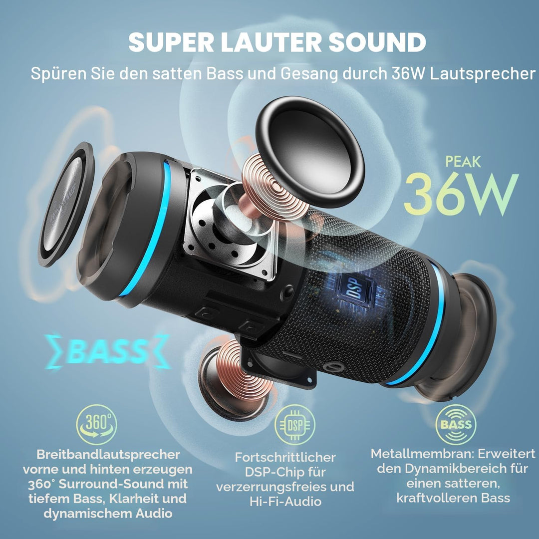 W-KING Bluetooth Lautsprecher, 36W Musikbox Tragbarer Bluetooth Box mit 360° Rundumklang, Kabellose