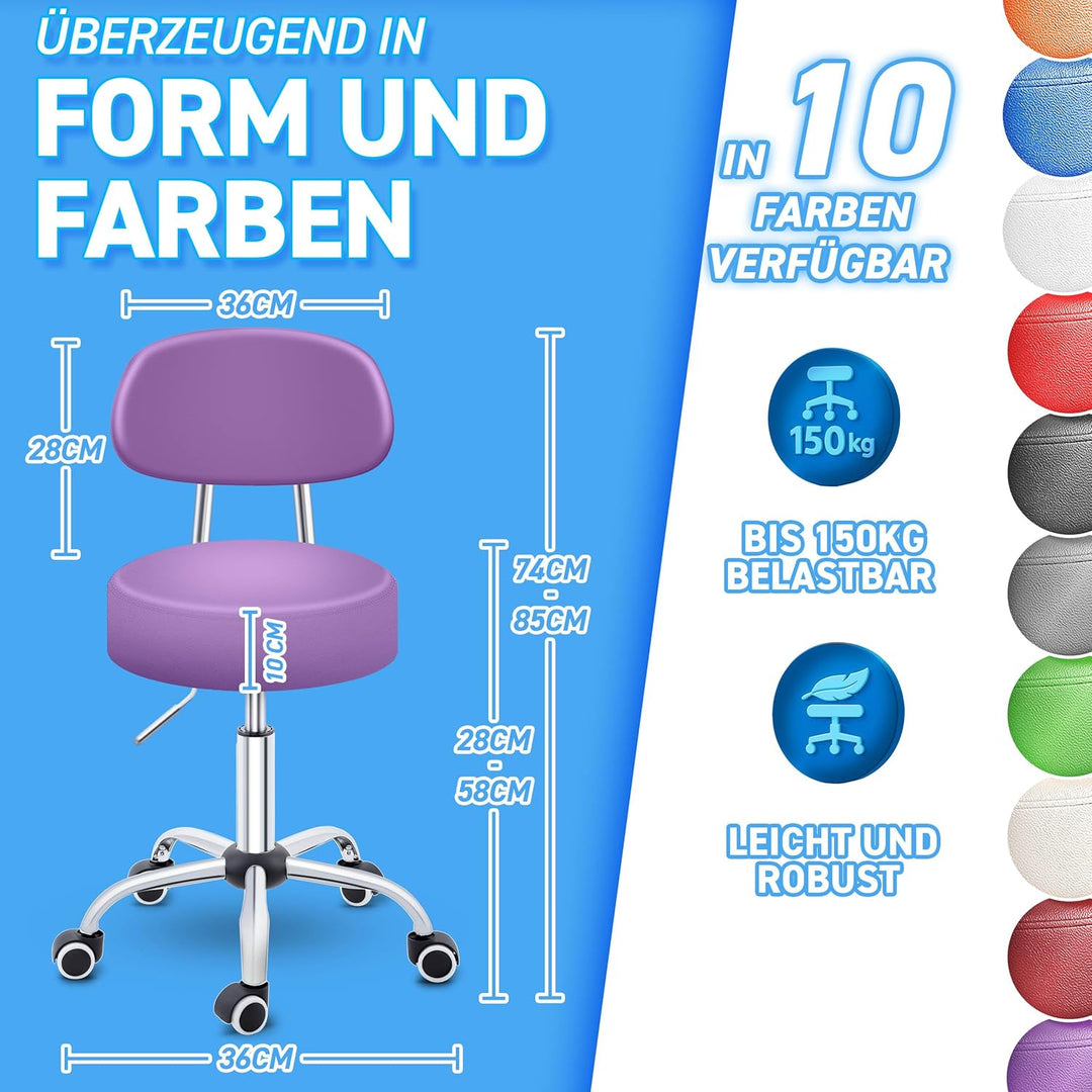 TRESKO® Rollhocker mit Lehne höhenverstellbar 10cm Dicke Polsterung Drehbar | Hocker 46-58cm | Arbei