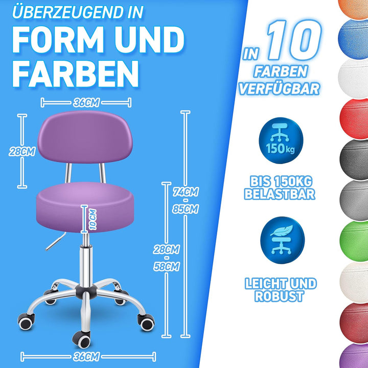 TRESKO® Rollhocker mit Lehne höhenverstellbar 10cm Dicke Polsterung Drehbar | Hocker 46-58cm | Arbei
