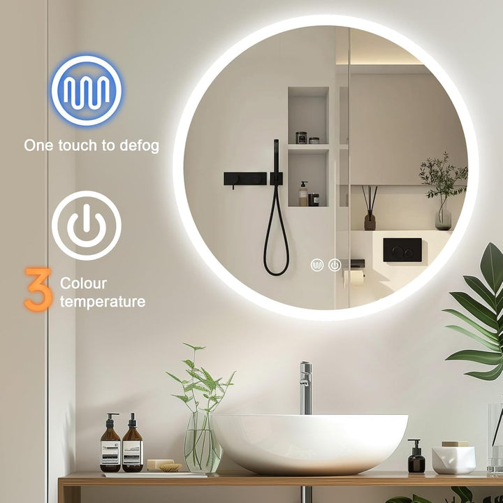 LED Spiegel Bad mit Beleuchtung 60cm Rund - Dimmbar mit 3 Lichtfarben (3500K-6500K), Touch-Schalter,