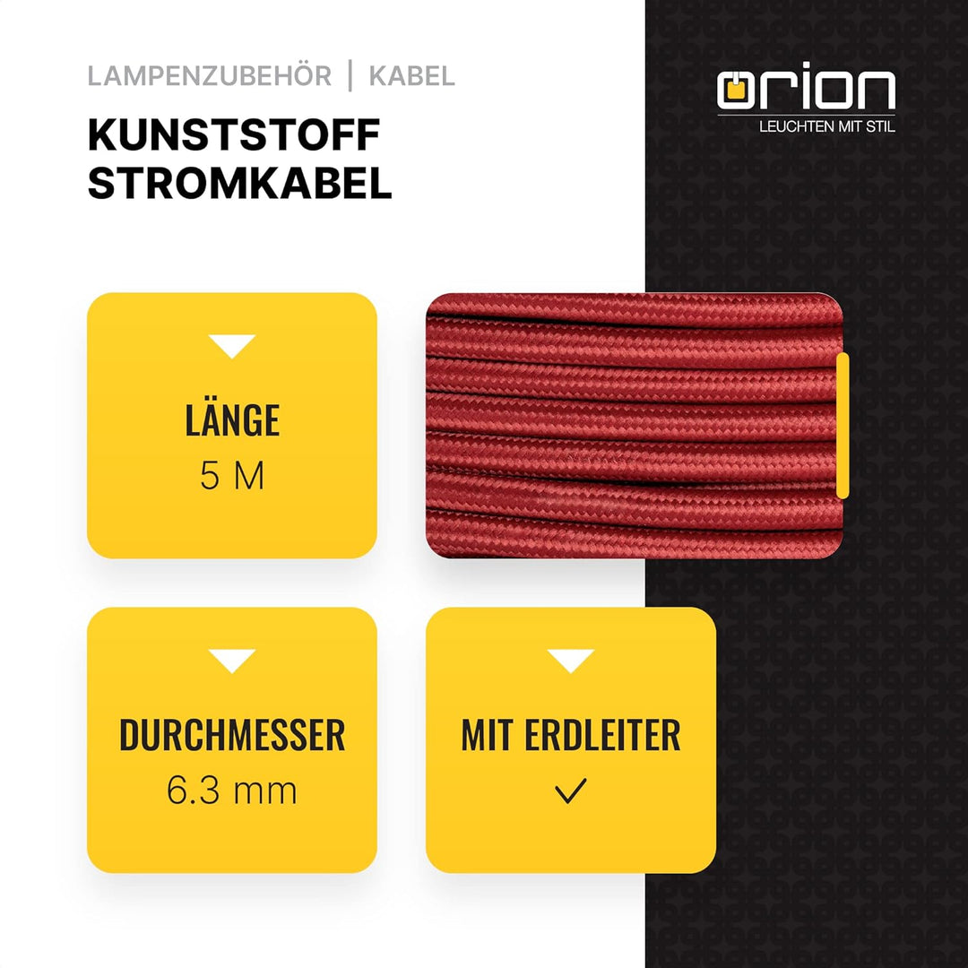 Textilkabel für Lampen, 5 m Bordeaux, 3-adrig, (3x 0,75 mm²) - Kunststoff Stromkabel mit Erdleiter,