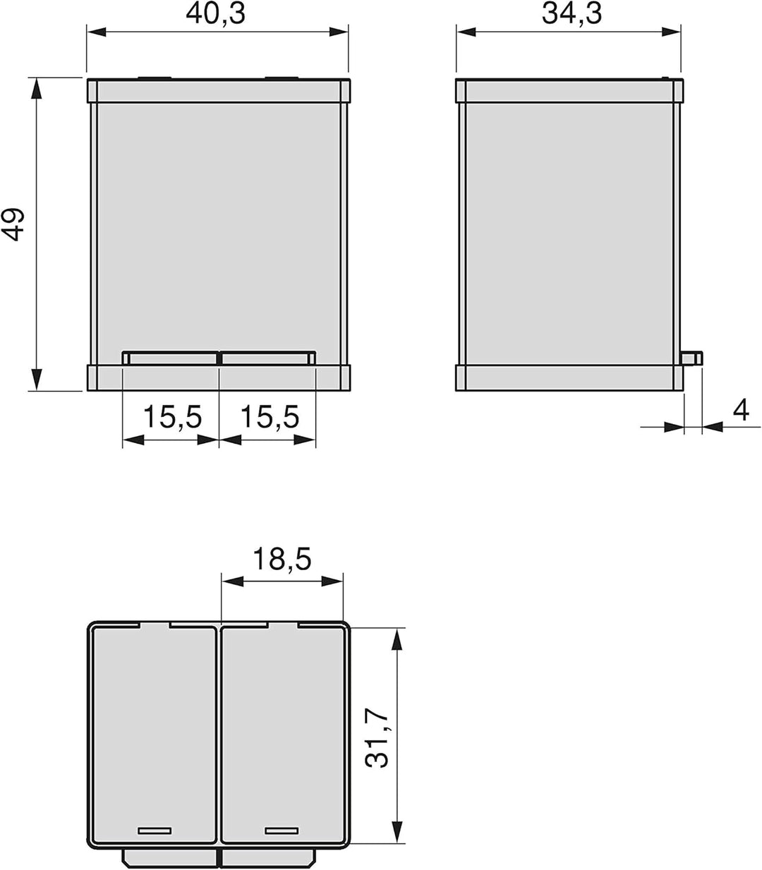 Emuca - Aussenbehälter mit 2 Fächern à 15 Liter, Treteimer, Abfallsammler, Edelstahl 15L 2 Fächern,